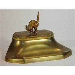 Bronze Geschutzt inkwell with scared cat finial and glass liners, impressed marks to base, 20cm l…