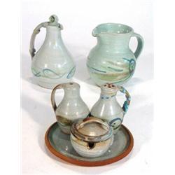 Anthony Richards Penzance studio pottery jug, vinaigrette and three piece cruet on stand, impress…