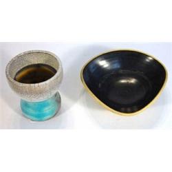 Annegret Ehlers black glazed studio pottery dish and a crackle and blue glazed studio pottery vas…