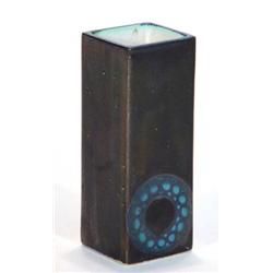 Square based Troika pottery vase decorated with blue circles on a black ground, Troika marks and …