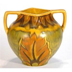 George Clews Chameleonware twin handled vase hand painted with a brown flame pattern, marks to ba…