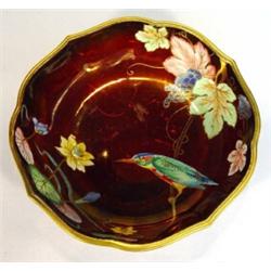 Carltonware Rouge Royale dish hand painted with a kingfisher amongst leaves, fairies and water li…