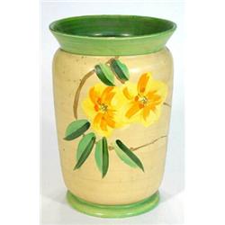 Large hand painted cylindrical Myott vase decorated with yellow flowers onto a green and brown gr…