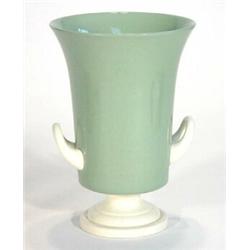 Green and white glazed Keith Murray design twin handled Wedgwood vase, marks to base, 22cm high…