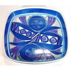 Square Royal Copenhagen dish hand painted with stylised design in blues and purples, marks to bas…