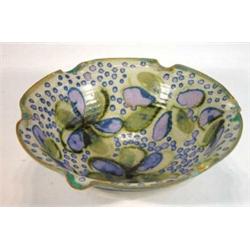 Poole Pottery studioware bowl with pinched rim by Margaret Holder, decorated with lilac and green…