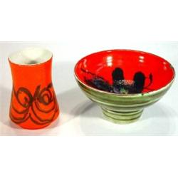 Early Poole Pottery Delphis pedestal bowl and orange Delphis vase both decorated with abstract pa…