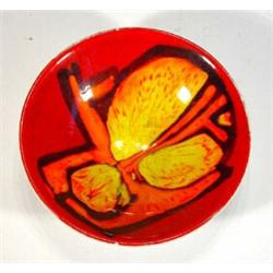 Poole pottery Delphis bowl decorated with an orange abstract pattern onto a red ground, marks to …