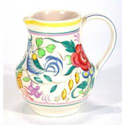 Large Poole pottery jug hand painted with a band of flowers and cockerels, marks to base, 12cm hi…