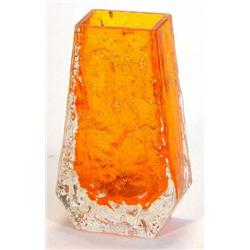 Whitefriars orange 'Bark' design coffin shaped vase, 15cm high…