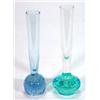 Image 1 : Two Whitefriars style blue bubble glass slender necked vases, largest 17cm high…