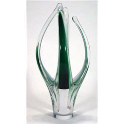 Large Flygfors green, clear and white abstract glass sculpture, etched Flygfors and Coquille mark…