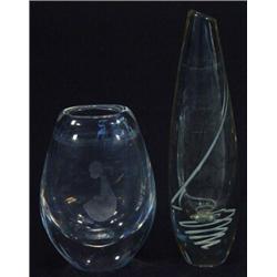 Kosta clear glass vase, etched with a young child and a clear tapering glass vase with white spir…