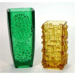 Green abstract rectangular glass vase and a square based abstract amber glass vase, largest 24cm …