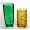 Image 1 : Green abstract rectangular glass vase and a square based abstract amber glass vase, largest 24cm …