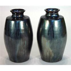 Two black iridescent glazed Dickerware vases, impressed marks to base, 25cm high…