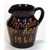Image 1 : Treacle glazed Victorian pottery jug entitled 'Pancakes for All, 1846', 19cm high…