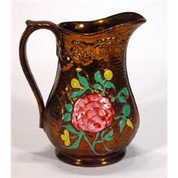 Victorian copper lustre pottery jug hand painted with flowers, 24cm high…