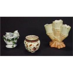 Zsolnay pierced floral design pot, bisque cat design posy vase and a Royal Ivory porcelain segmen…