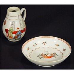 18th century Chinese jug hand painted with figures and an English 18th century saucer hand painte…