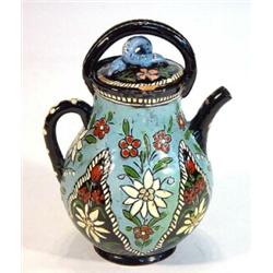 Thorne pottery Art Nouveau teapot hand enamelled with panels of flowers onto a blue and brown gro…