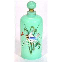 Victorian green opaque glass sump bottle and stopper hand enamelled with a bird amongst flowers, …