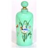 Image 1 : Victorian green opaque glass sump bottle and stopper hand enamelled with a bird amongst flowers, …