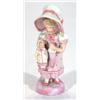 Image 1 : Victorian bisque figurine of a girl in a pink dress and bonnet clutching a doll and umbrella, 15c…