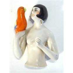 Hand painted Art Deco pin lady with a parrot on her shoulder and gold earrings, 10cm high…