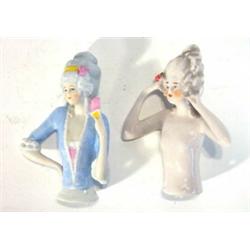 Two hand painted porcelain pin ladies, largest 11cm high…