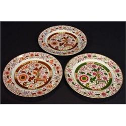 Three Victorian Ashworth ironstone plates hand coloured and transfer printed with a floral Imari …