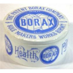 Borax pot and cover transfer printed with blue lettering, 8cm diameter…