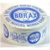 Image 1 : Borax pot and cover transfer printed with blue lettering, 8cm diameter…