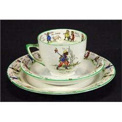 Nursery ware cup, saucer and sideplate decorated with a band of children, 'You'll laff when I loa…