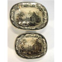 Two early Victorian Canton patterned black and white transfer printed rectangular bowls, marks to…