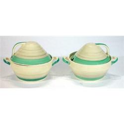 Two twin handled Susie Cooper green and grey banded  vegetable tureens and covers, marks to base,…