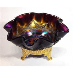 Purple Carnival glass fluted bowl on brass base, 15cm diameter…