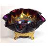 Purple Carnival glass fluted bowl on brass base, 15cm diameter…