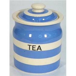 T.G. Green Cornishware blue banded tea storage jar and cover, marks to base, 15cm high…