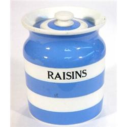 T.G. Green blue banded raisin storage jar and cover, black shield to base, 15cm high…