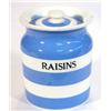 T.G. Green blue banded raisin storage jar and cover, black shield to base, 15cm high…