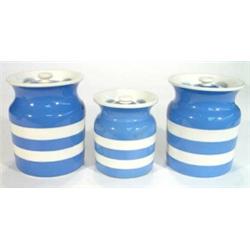 Two large and a medium T.G. Green blue and white banded Cornishware storage jars, green shields t…