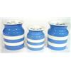 Two large and a medium T.G. Green blue and white banded Cornishware storage jars, green shields t…