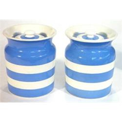 Two large T.G. Green Cornishware blue banded storage jars and covers, green shield marks to bases…