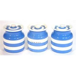 Three small T.G. Green blue and white banded Cornishware storage jars, green shield marks to base…