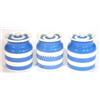 Three small T.G. Green blue and white banded Cornishware storage jars, green shield marks to base…