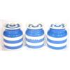 Image 1 : Three small T.G. Green blue and white banded Cornishware storage jars, green shield marks to base…