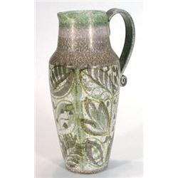 Large Denby Glyn Colledge jug with scrolled handle hand painted with stylised leaves, signature a…