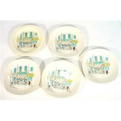 Four Midwinter Hugh Casson designed 'Cannes' side plates and a 'Riviera' patterned side plate, ma…