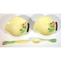 Two hand painted Carltonware 'Apple Blossom' leaf dishes and matching spoon and knife, marks to b…